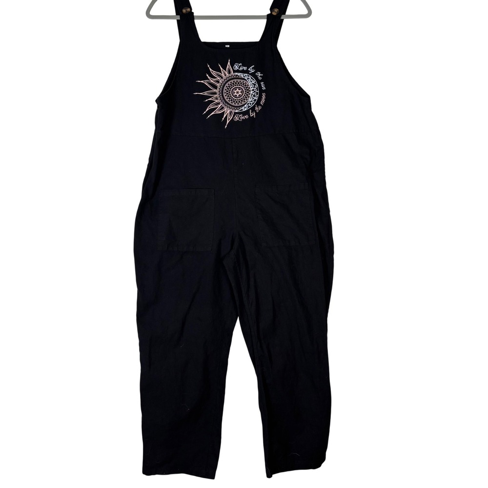 Unbranded Womens Black Celestial Sun Moon Graphic Overalls Medium Cropped‎